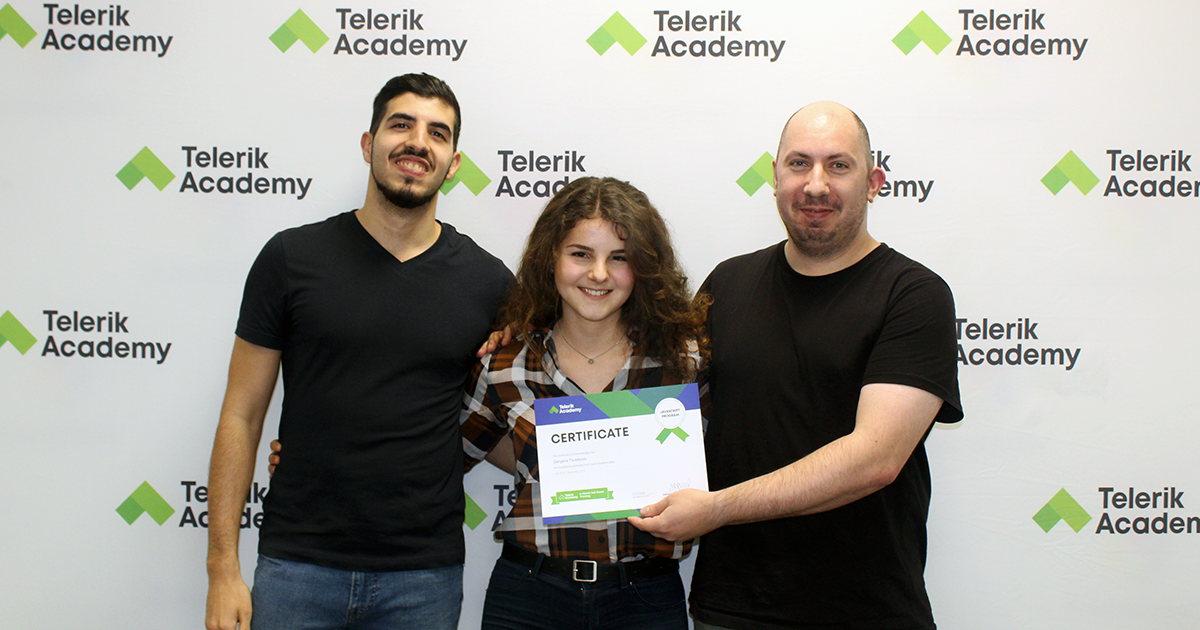 Photos of gergana tsvetkova, telerik academy alpha graduate with telerik academy trainers