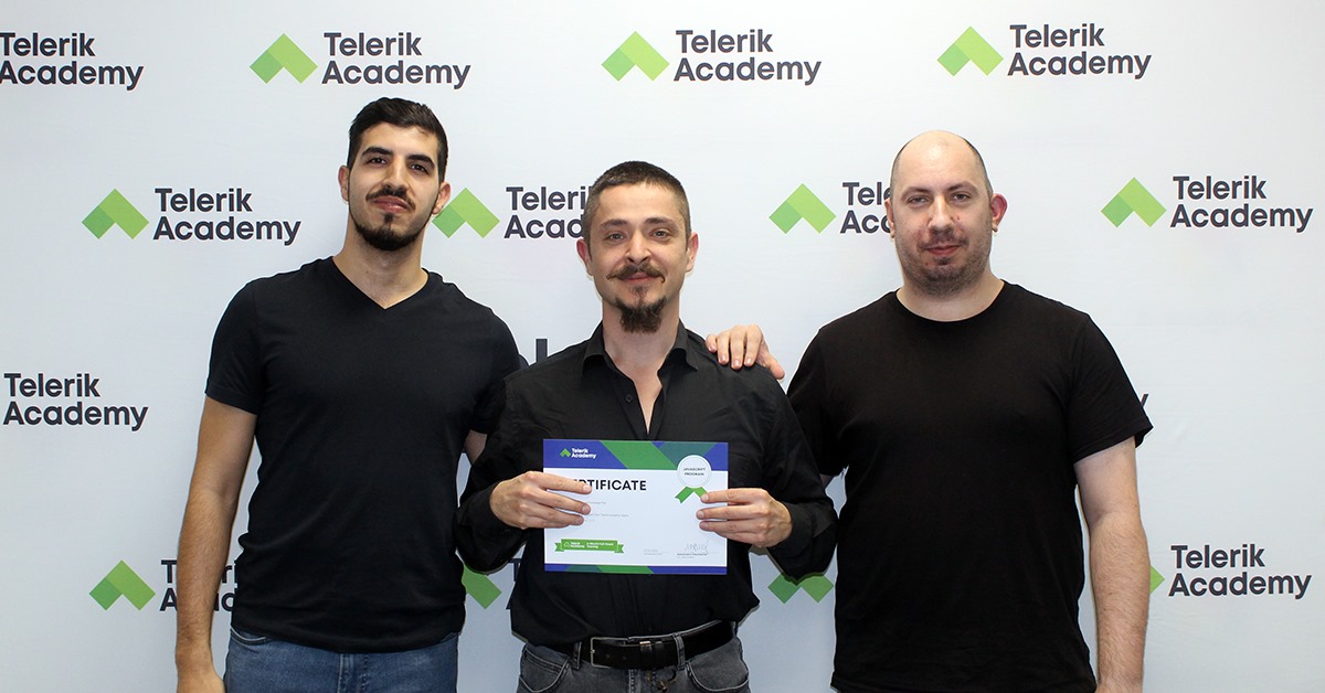 Photos of nikolay todorov, telerik academy alpha graduate with telerik academy trainers